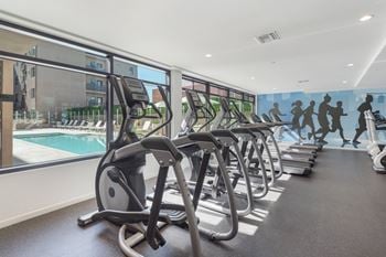 A row of treadmills in a gym with a mural of running people on the wall.